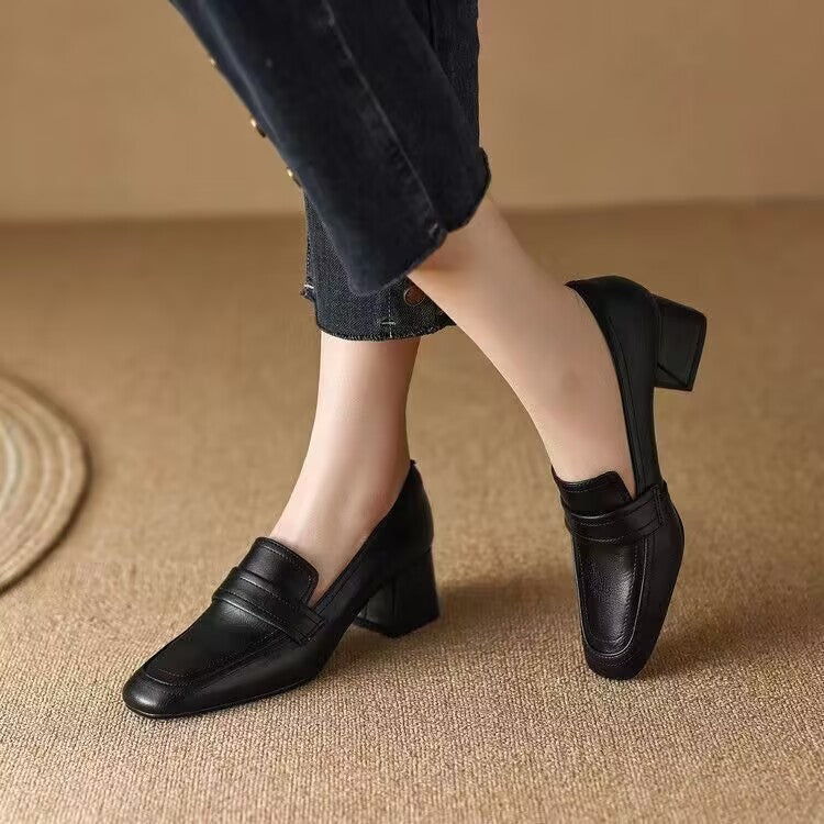 Women's Spring And Autumn New Medium Chunky Heel Soft Bottom Leather Shoes
