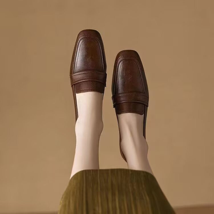 Women's Spring And Autumn New Medium Chunky Heel Soft Bottom Leather Shoes