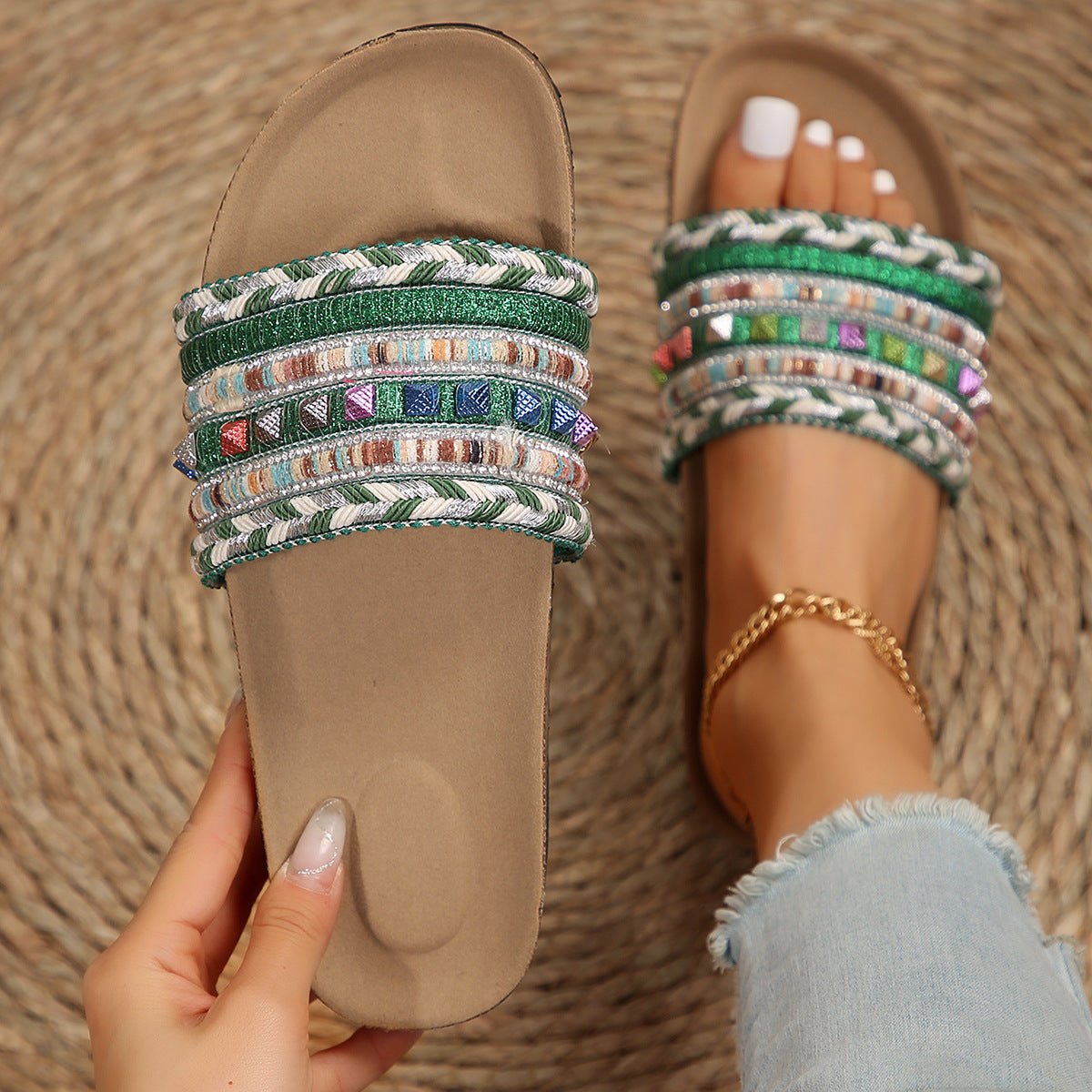 Ethnic Style Platform Slippers Rivet Plus Size Water Pine Beach Slippers