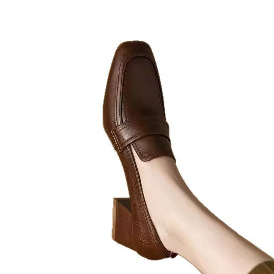 Women's Spring And Autumn New Medium Chunky Heel Soft Bottom Leather Shoes
