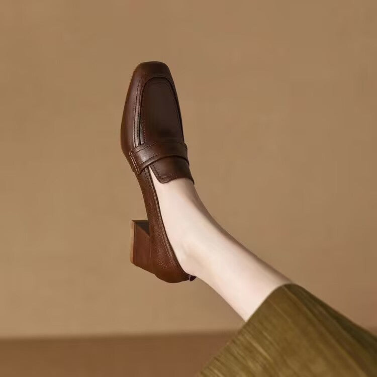 Women's Spring And Autumn New Medium Chunky Heel Soft Bottom Leather Shoes