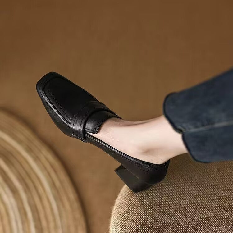 Women's Spring And Autumn New Medium Chunky Heel Soft Bottom Leather Shoes